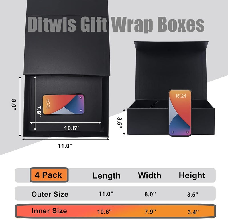 Ditwis 4 Pack 11x8x3.5 Inches Gift Boxes with Magnetic Closure Lids, Black Magnetic Box for Wedding, Groomsmen Bridesmaid Proposal, Birthdays, Mother's Day - Image 2